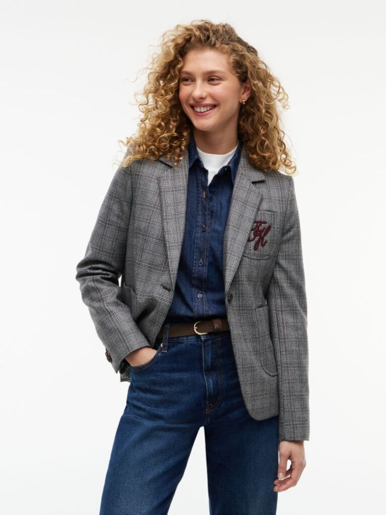 Grey Wool Blend Check Single Breasted Blazer  Women