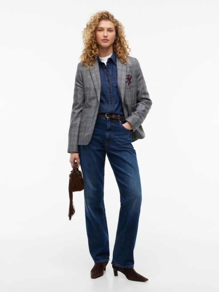 Grey Wool Blend Check Single Breasted Blazer  Women