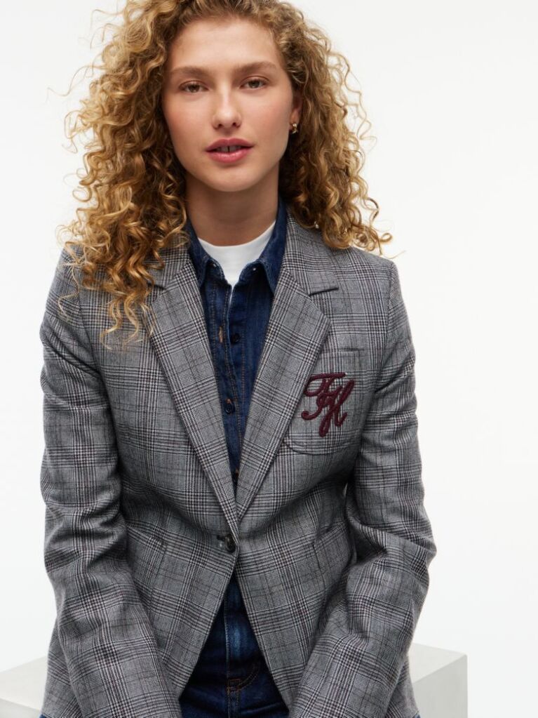 Grey Wool Blend Check Single Breasted Blazer  Women