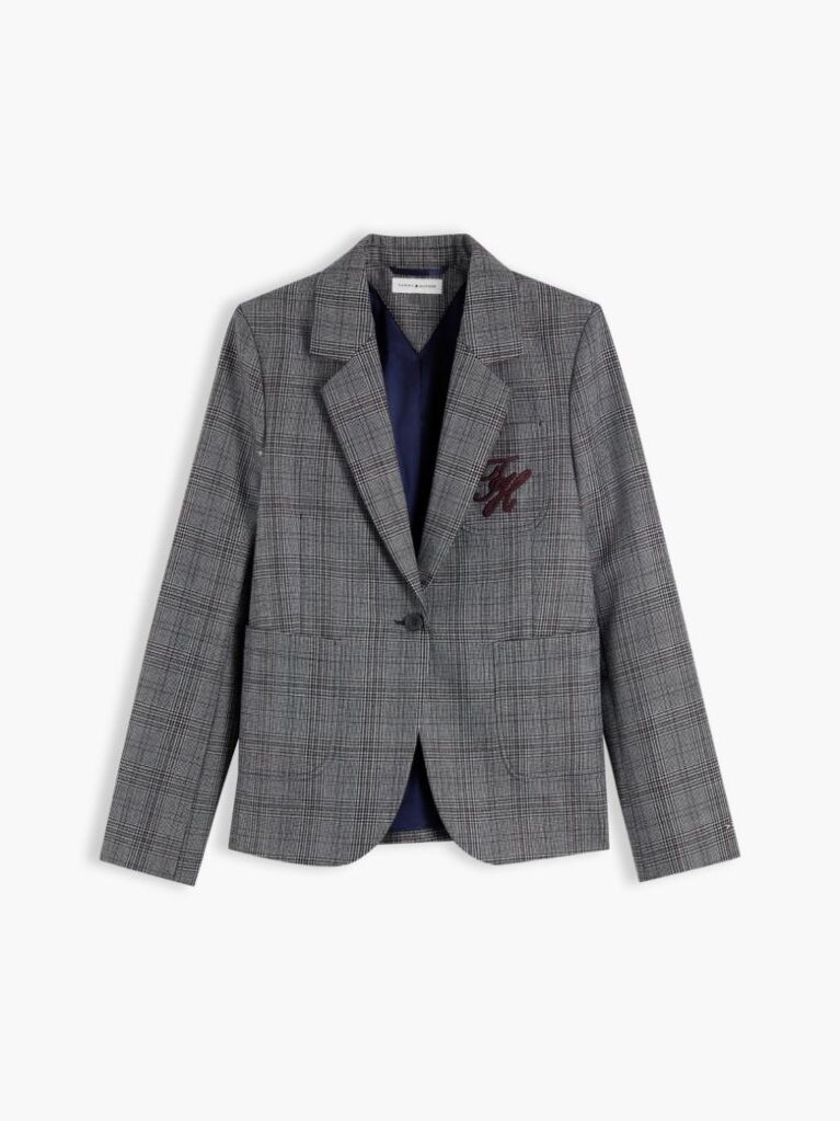 Grey Wool Blend Check Single Breasted Blazer  Women