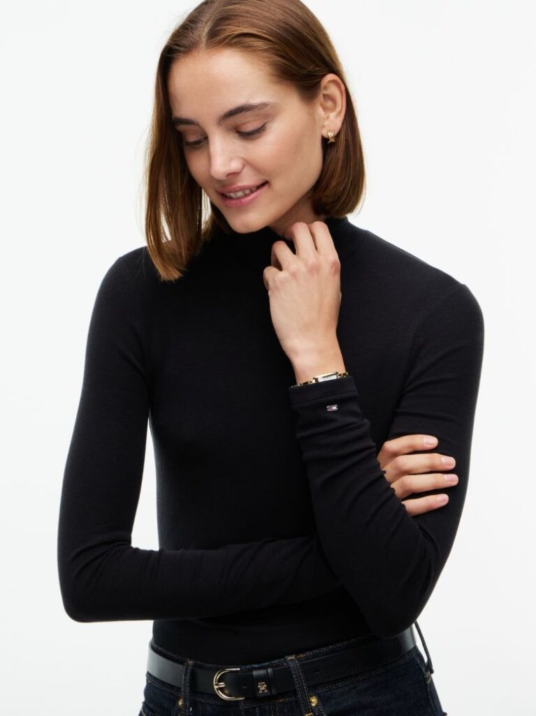 Black Slim Mock Neck Long Sleeve Top  Women