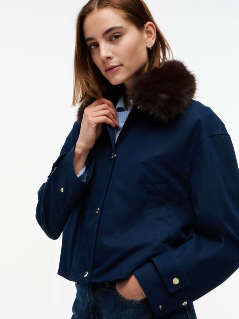 Μπλε Oversized Bomber Τζάκετ Με Συνθετική Γούνα Στο Γιακά  Γυναίκες